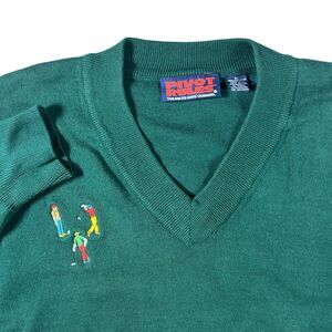 Vintage Pivot Rules Golf Scene V Neck Sweater Mens XL Green Embroidered Dad 90s